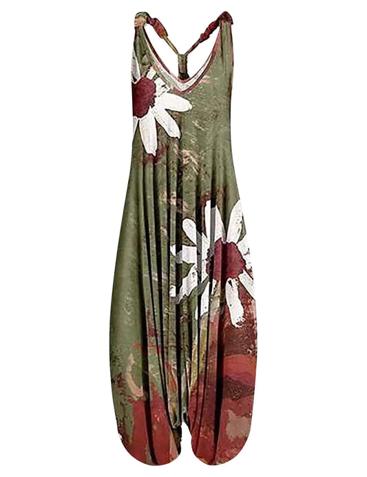 Gihuo Harem Jumpsuit for Women Boho Floral Beach Tie Dye Backless Jumpsuit Rompers(Green-S)