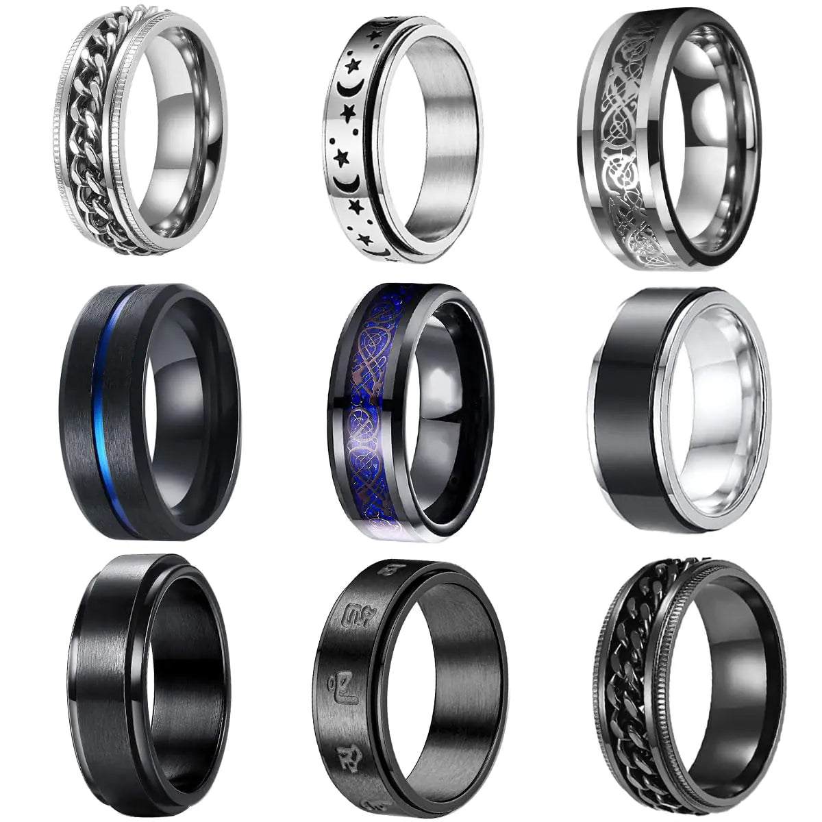 PINCHUAN 9PCS Stainless Steel Rings for Men Black Rings Pack Band Rings for Men Cool Spinner Rings Set Fidget Rings for Men Anillos Para Hombre Wedding Promise Men’s Rings Jewelry-Black-6