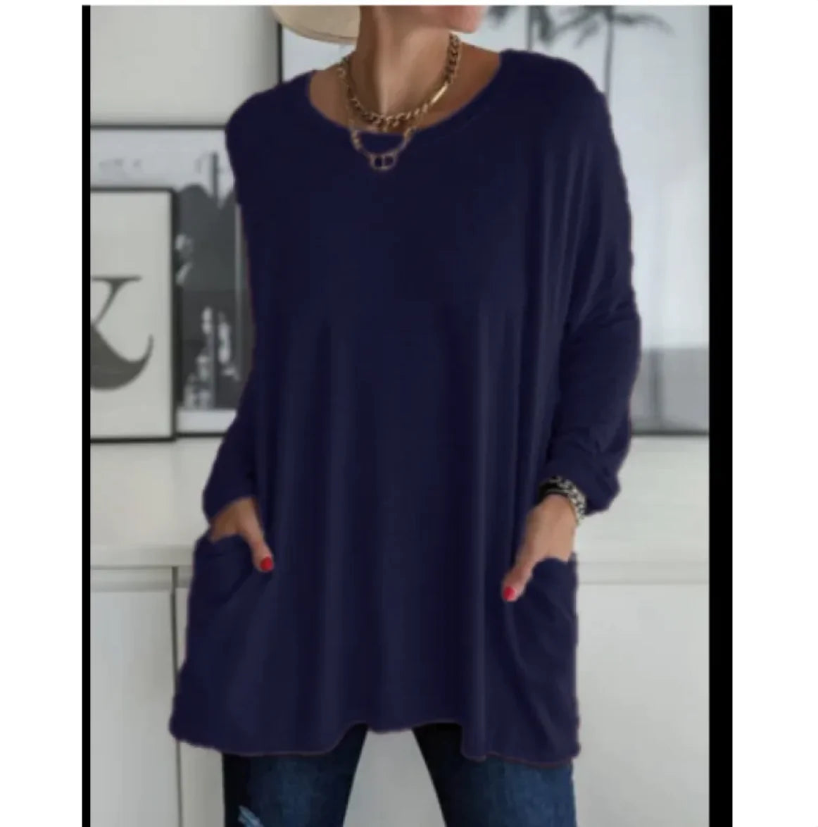 Casual Long Sleeve Round Neck Top with Pockets