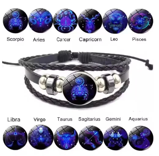 Luminous Zodiac Constellation Braided Couples Leather Bracelet for Men