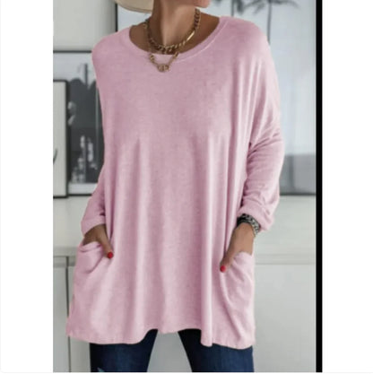 Casual Long Sleeve Round Neck Top with Pockets