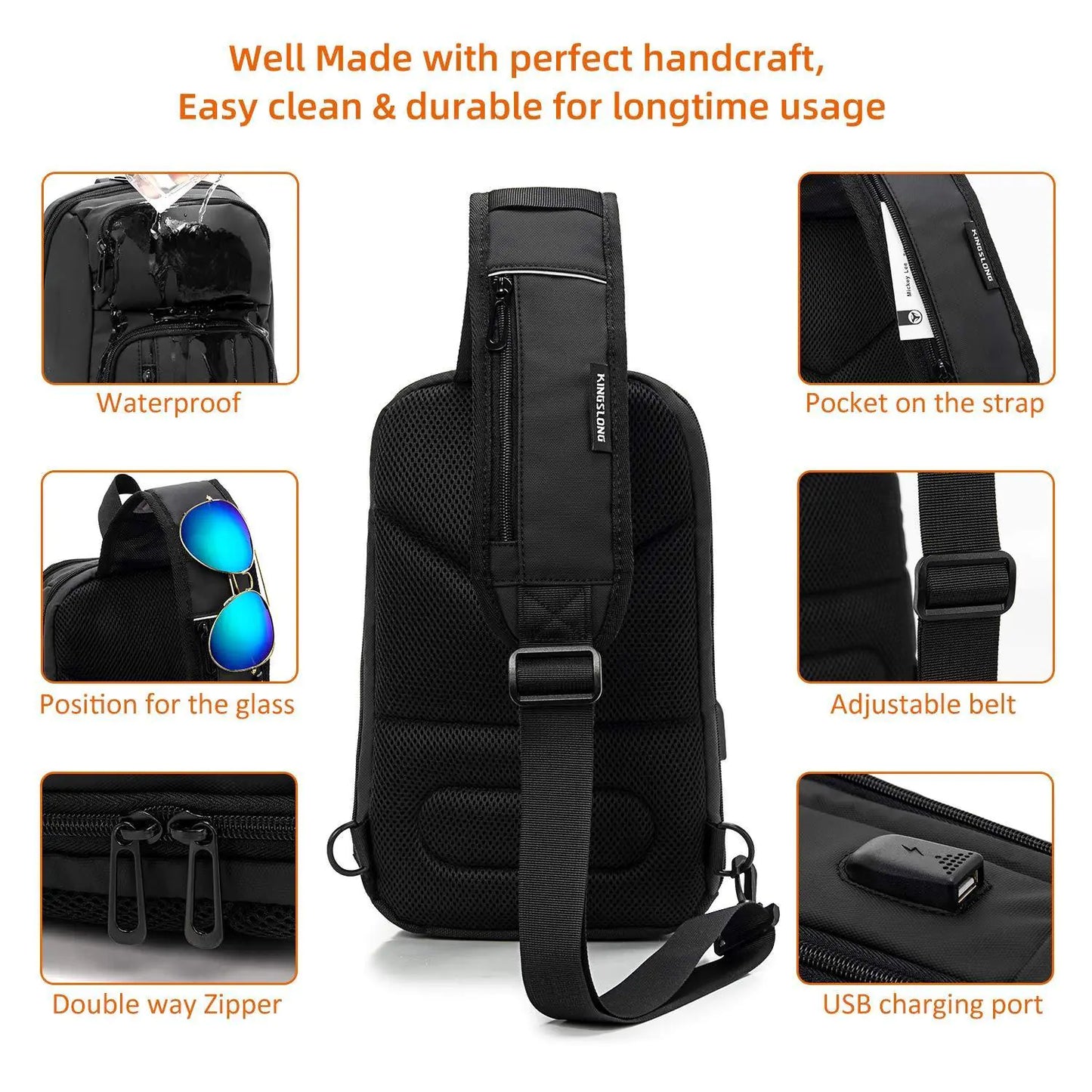 Sling Bag for Men Black Crossbody Bag with USB Charging Port Fits 10.2 inch iPad