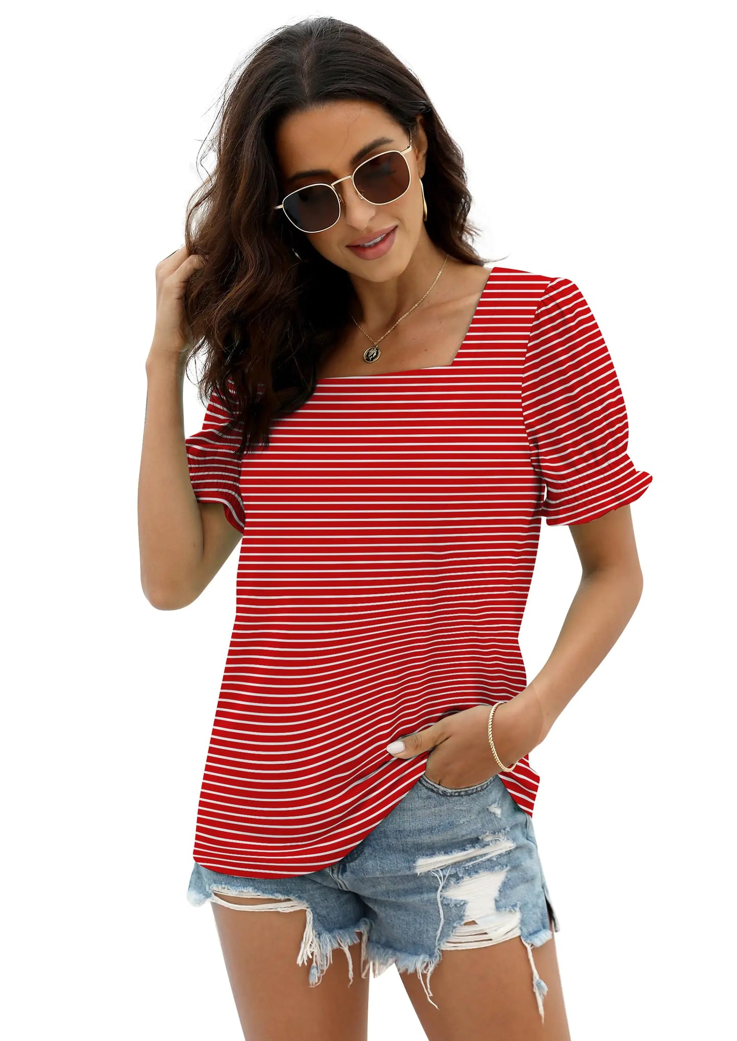 WIHOLL Tops for Women Summer Casual Ruffle Trim Sleeve Square Neck T Shirts X-Large 1-redstripe