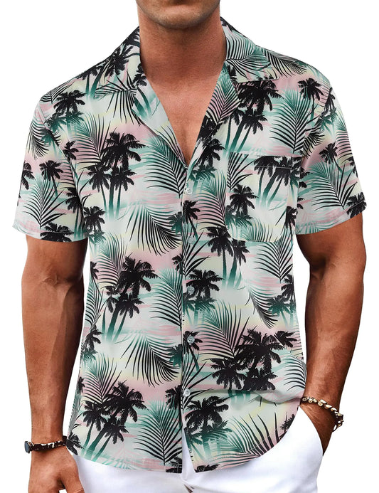 BOJIN Mens Hawaiian Shirts Casual Beach Aloha Tropical Short Sleeve Shirts BJ195 Green Pink Palm 4XL