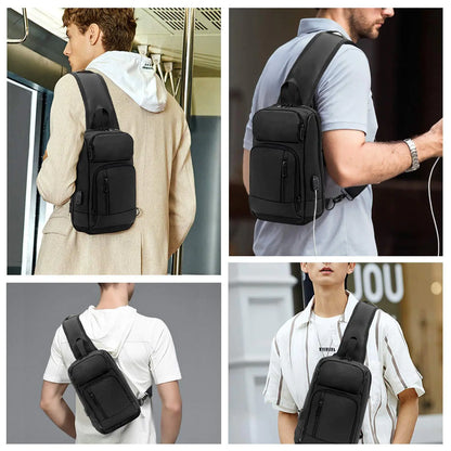 Sling Bag for Men Black Crossbody Bag with USB Charging Port Fits 10.2 inch iPad