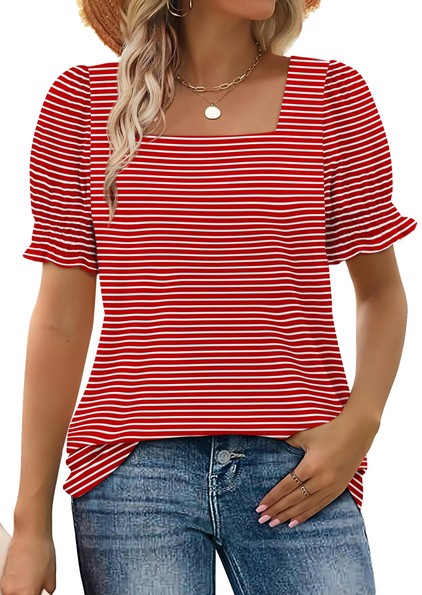 WIHOLL Tops for Women Summer Casual Ruffle Trim Sleeve Square Neck T Shirts X-Large 1-redstripe