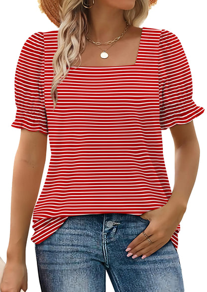 WIHOLL Tops for Women Summer Casual Ruffle Trim Sleeve Square Neck T Shirts X-Large 1-redstripe