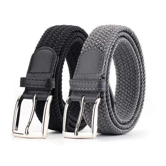 Radmire 2 Pack Elastic Braided Woven Canvas Belts for Men and Women (Black+Grey Small/28-30" Waist)