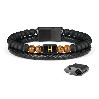 Beaded Leather Bracelets for Men 6mm Tiger Eye Bracelet Mens Leather Bracelet Initial Black Mens Bracelets Beads Letter H Initial BraceletS for Men Matte Agate Bracelet Mens Jewelry Gifts for Men