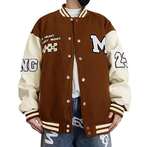 Covisoty Mens Varsity Jacket Baseball Bomber Jacket Vintage Unisex Streetwear Coats with Patchwork Hipster Utility Tops