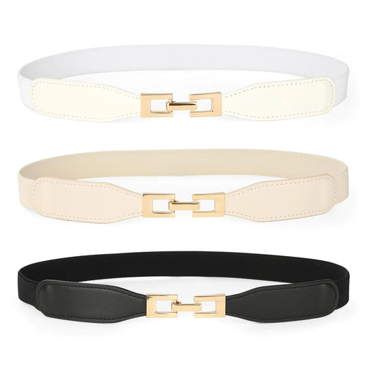 TRIWORKS 3 Pack Women Skinny Elastic Belts for Dress Waist Belt for Pants Stretch Thin Belt with Gold Buckle