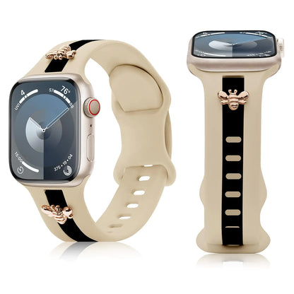 Silicone Strap for Apple Watch Bands 40mm 38mm 41mm, Stylish Bracelet with Gold Honey Bee Charms for iWatch Series 10(42mm) 9 8 7 6 5 4 3 SE, Designer Sport Wristbands for Apple Watch Bands Gray White