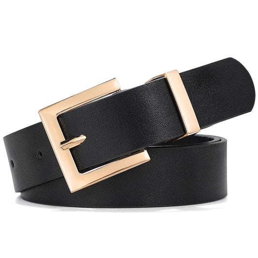 XZQTIVE Womens Leather Belts for Jeans Pants Dresses Fashion Ladies Belt with Square Buckle Black Belt for Women