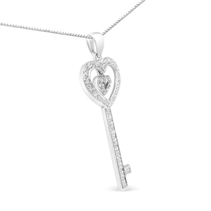 .925 Silver Double Heart & Key Diamond Necklace