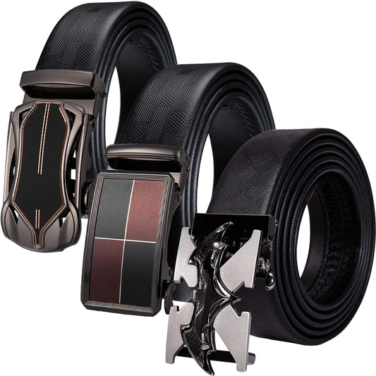 Barry.Wang Ratchet Belts Set for Men 3 Buckles Genuine Leather Slide Strap Replacement 35mm Automatic Click Gift Box