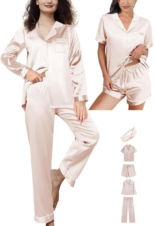 5Pcs Womens Satin Pajamas Set Silk Pajama Pjs XS-2XL Silky Pj Sets Button Down Sleepwear Nightwear Loungewear Pale Blush