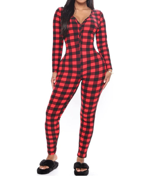 KMBANGI Womens One Piece Ugly Christmas Pajamas Plaid Print Jumpsuit Sleepwear V Neck Long Sleeve Bodycon Romper Plus Size(D Red Plaid M)