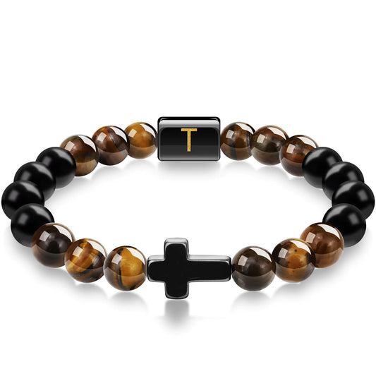 RFM4S Cross Bracelet for Men Pulseras para Hombres T Initial Bracelet Tigers Eye Bracelet for Men Natural Stone Beaded Bracelet Birthday Christian Gifts for Men Groomsmen Gifts