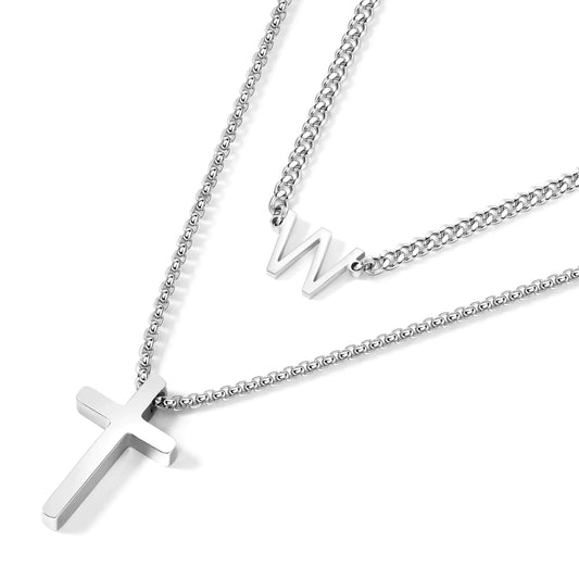 Initial Cross Necklace for Men Layered Letter W Cross Necklace Christian Jewelry Gift for Men