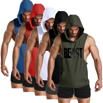 GYM REVOLUTION Mens 5 Pack Workout Muscle Printed Tank Tops Gym Fitness Sleeveless Hoodies Black White Red Blue Green M