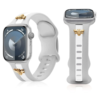 Silicone Strap for Apple Watch Bands 40mm 38mm 41mm, Stylish Bracelet with Gold Honey Bee Charms for iWatch Series 10(42mm) 9 8 7 6 5 4 3 SE, Designer Sport Wristbands for Apple Watch Bands Gray White