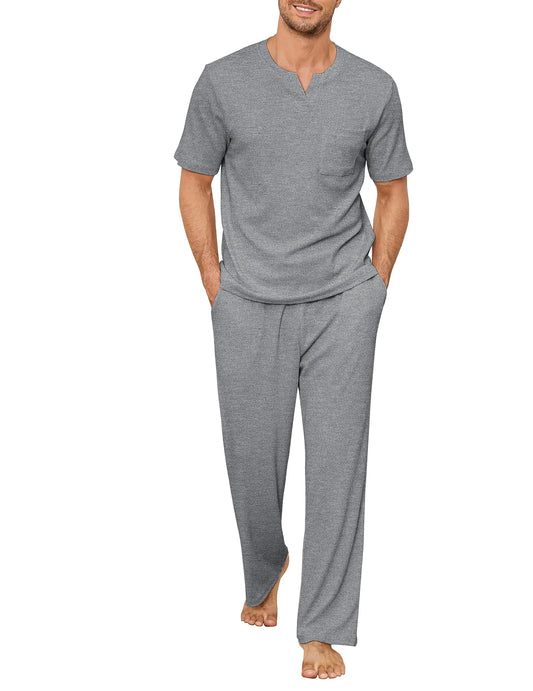 JiniGolla Mens Pajama Set Comfy 2 PCS Lounge Wear Loose Short Sleeve Sleepwear Light Grey XL