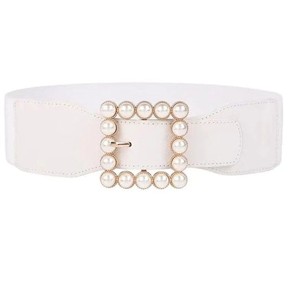 ICGSUQR Belts for Women with Big Rhinestone Square Buckle -Wide Elastic Waist Dressy Strentch Waistbands Belt (Pearl-White)