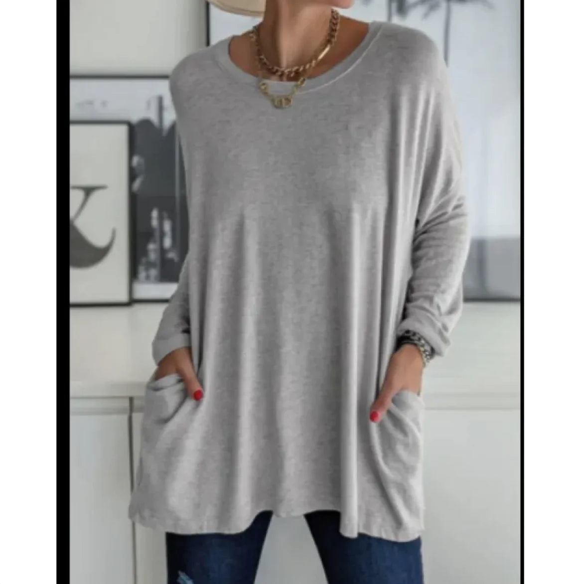 Casual Long Sleeve Round Neck Top with Pockets