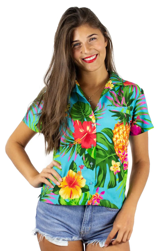 KING KAMEHA Womens Summer-Party-Blouses-Shirts Short-Sleeve Pineapple Turquoise XXL