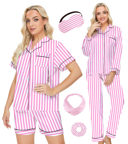 MORFORU Womens Satin Silky Pajamas Set 7 Piece Button Down Sleepwear Loungewear with Eye Mask Hairband Hair tie(Pink StripeM)