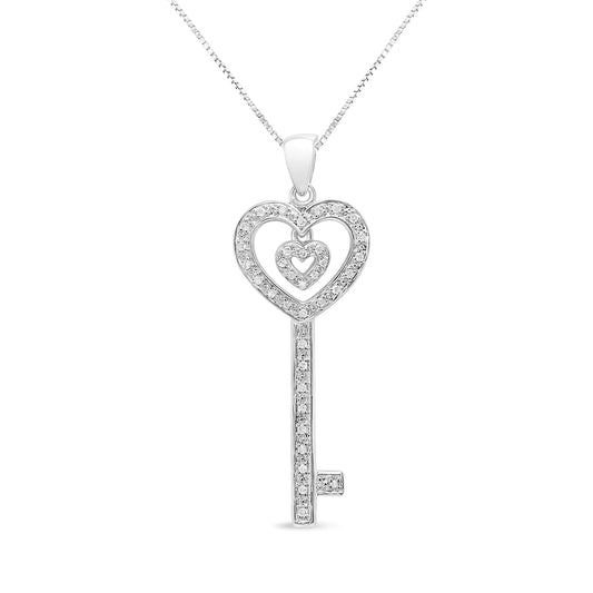 .925 Silver Double Heart & Key Diamond Necklace