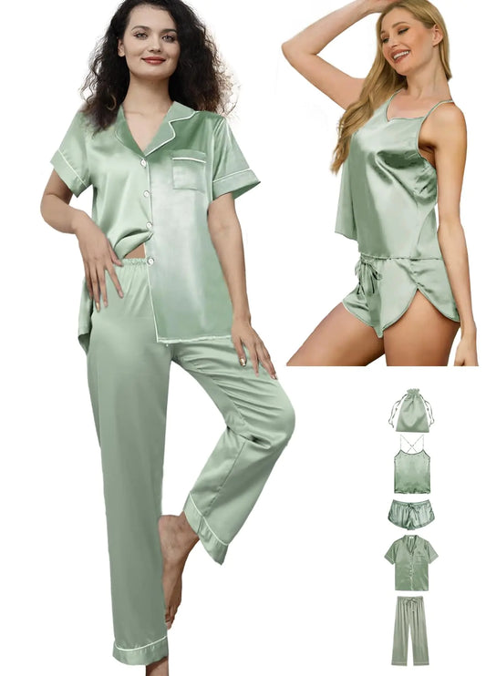 WJing Yi Jia 5Pcs Silk Satin Pajamas Set for Women Silky Cami Pjs Sets Sexy Lingerie Womens Pajama Sets Loungewear Sleepwear