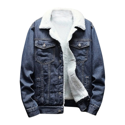 hlysgo Mens Lapel Sherpa Fleece Lined Thicken Denim Jean Trucker Jacket Coats Long Sleeve Slim Fit Casual Jean Jacket Dark Blue