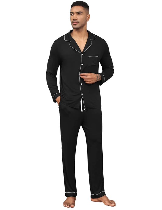 Veseacky Mens Cotton Pajama Set Lightweight Long Sleeve Button Down Soft Sleepwear for Men with Pockets