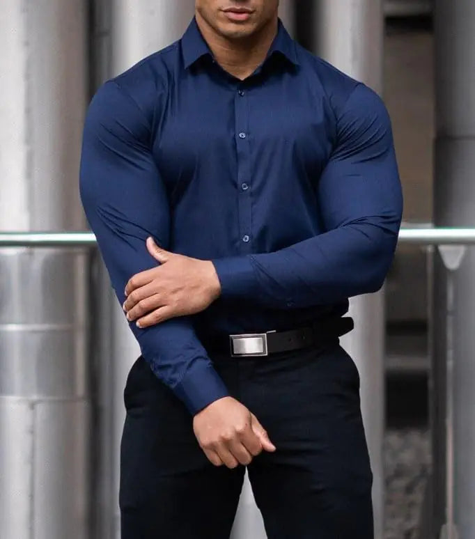 Men’s Muscle Fit Dress Shirts Athletic Slim Fit Long Sleeve Stretch Casual Button Down Shirt Large Navy Blue