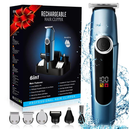 Beard Trimmer for Men Professional Mustache Trimmer for Men Mens Beard Grooming Kit Nose Hair Trimmer 6 in 1 Waterproof Rechargeable Electric Razor with Cordless Hair Clipper Gifts for Men