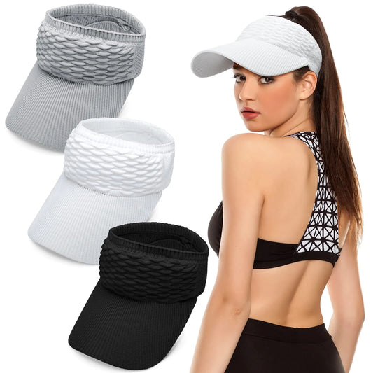 3 Pieces Women Knitted Hats Sun Visor Hat for Women Elastic Sports Hat Empty Top Quick Drying Wide Brim Golf Riding Beach Hiking Hat (Black White Gray 3 Pieces)