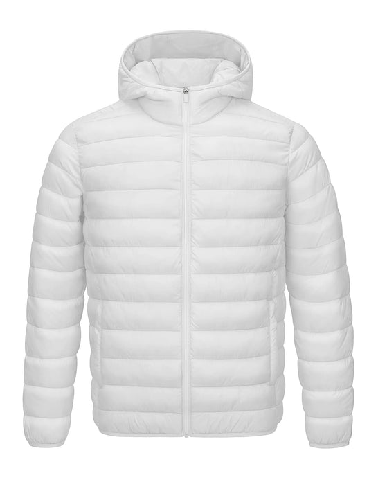 CRYSULLY Mens Hooded Puffer Jacket Winter Lightweight Jackets Insulted Water-Resistant Coats Full Zip Pure WhiteL