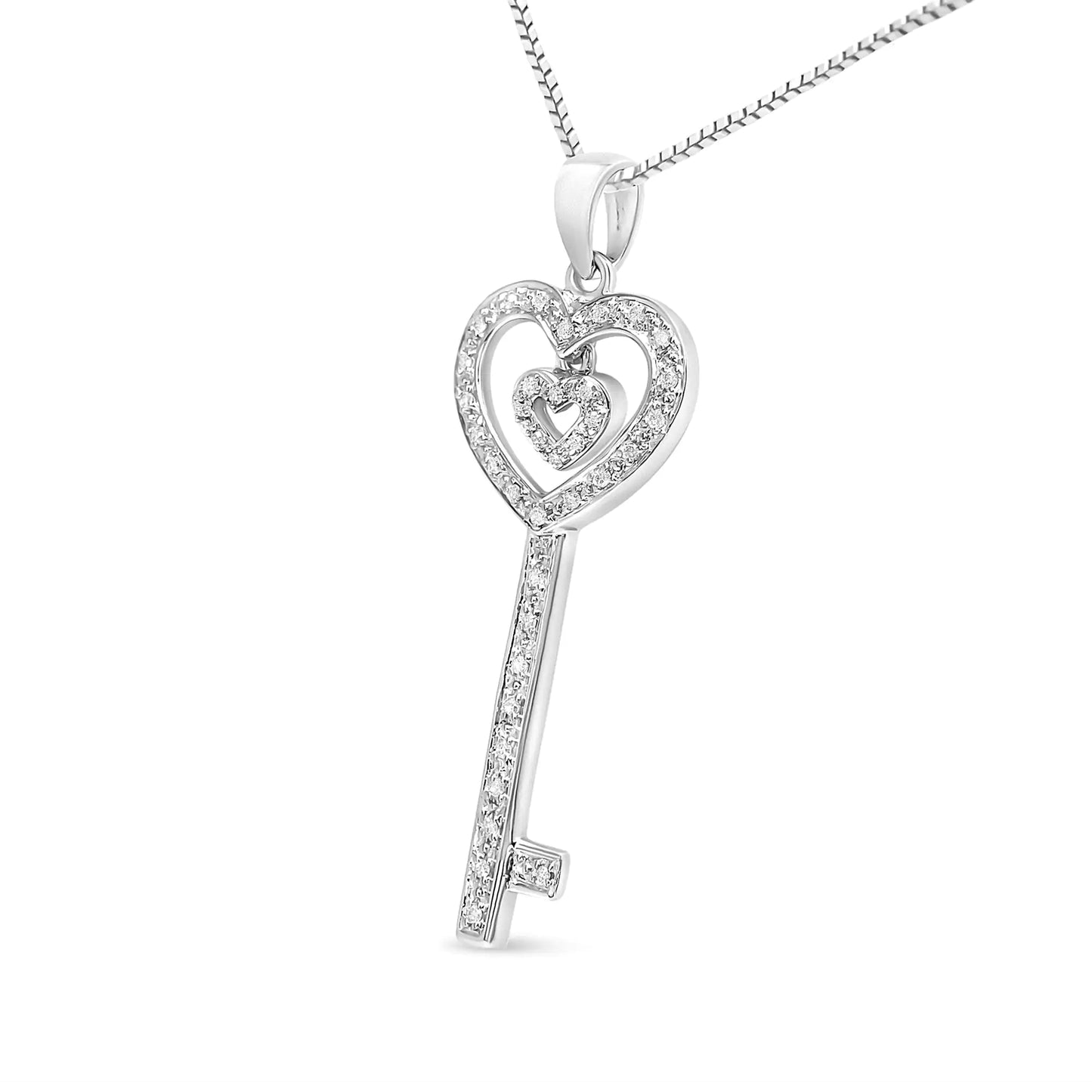 .925 Silver Double Heart & Key Diamond Necklace