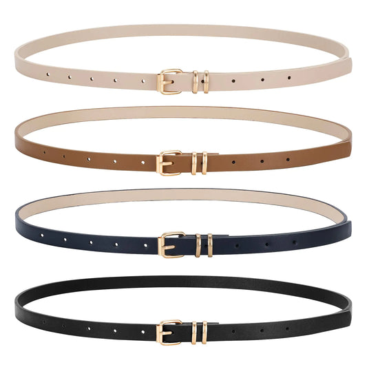 LEACOOLKEY 4 Pack Women Skinny Leather Belts for Dress with Gold Buckle Ladies Thin Waist Belt for Jeans Pants