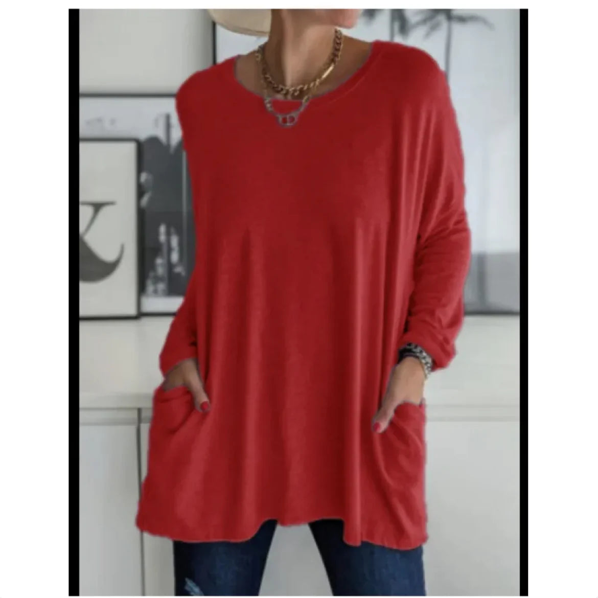 Casual Long Sleeve Round Neck Top with Pockets