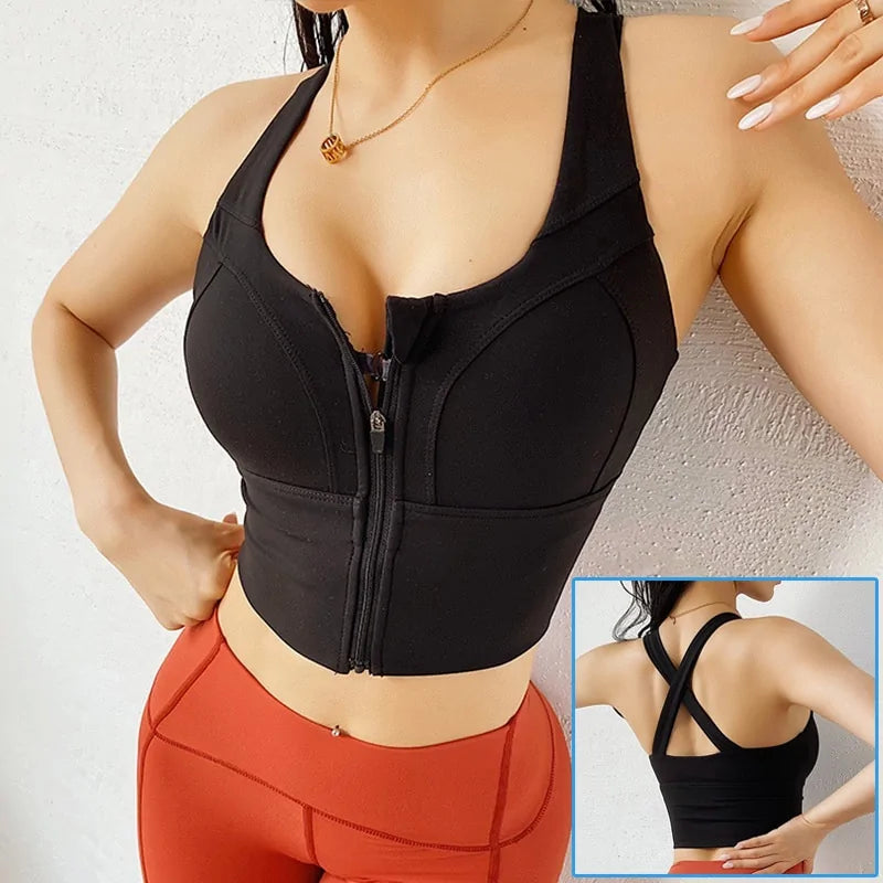 Cloud Hide Front Zipper Sports Bra - Women's Push-Up Yoga Crop Top