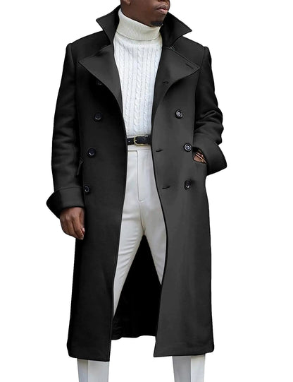 UANEO Mens Double Breasted Long Trench Coat Wool Blend Casual Pea Coats Jackets (Black-XXL)