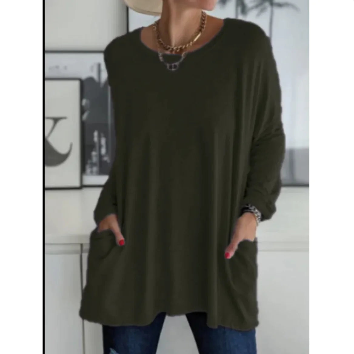 Casual Long Sleeve Round Neck Top with Pockets