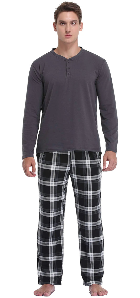 Vlazom Mens Pajama Sets Long Sleeve Top and Plaid Fleece Pants for Men Sleepwear PJs