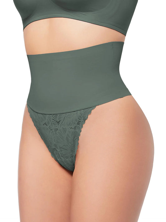 HBselect Tummy Control Thong Shapewear for Women Seamless Shaping Thong Panties with Lace Body Shaper Underwear Girdle Green