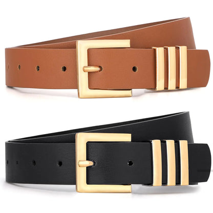 WHIPPY 2 Pack Womens Leather Belts Fashion Square Gold Buckle Ladies Belt for Jeans Pants Dress Black+Brown XL