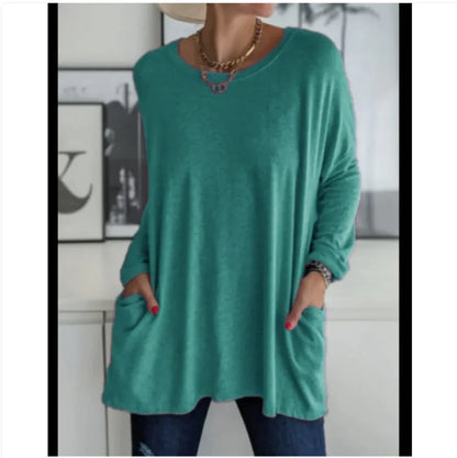 Casual Long Sleeve Round Neck Top with Pockets