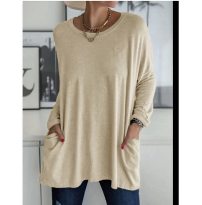 Casual Long Sleeve Round Neck Top with Pockets