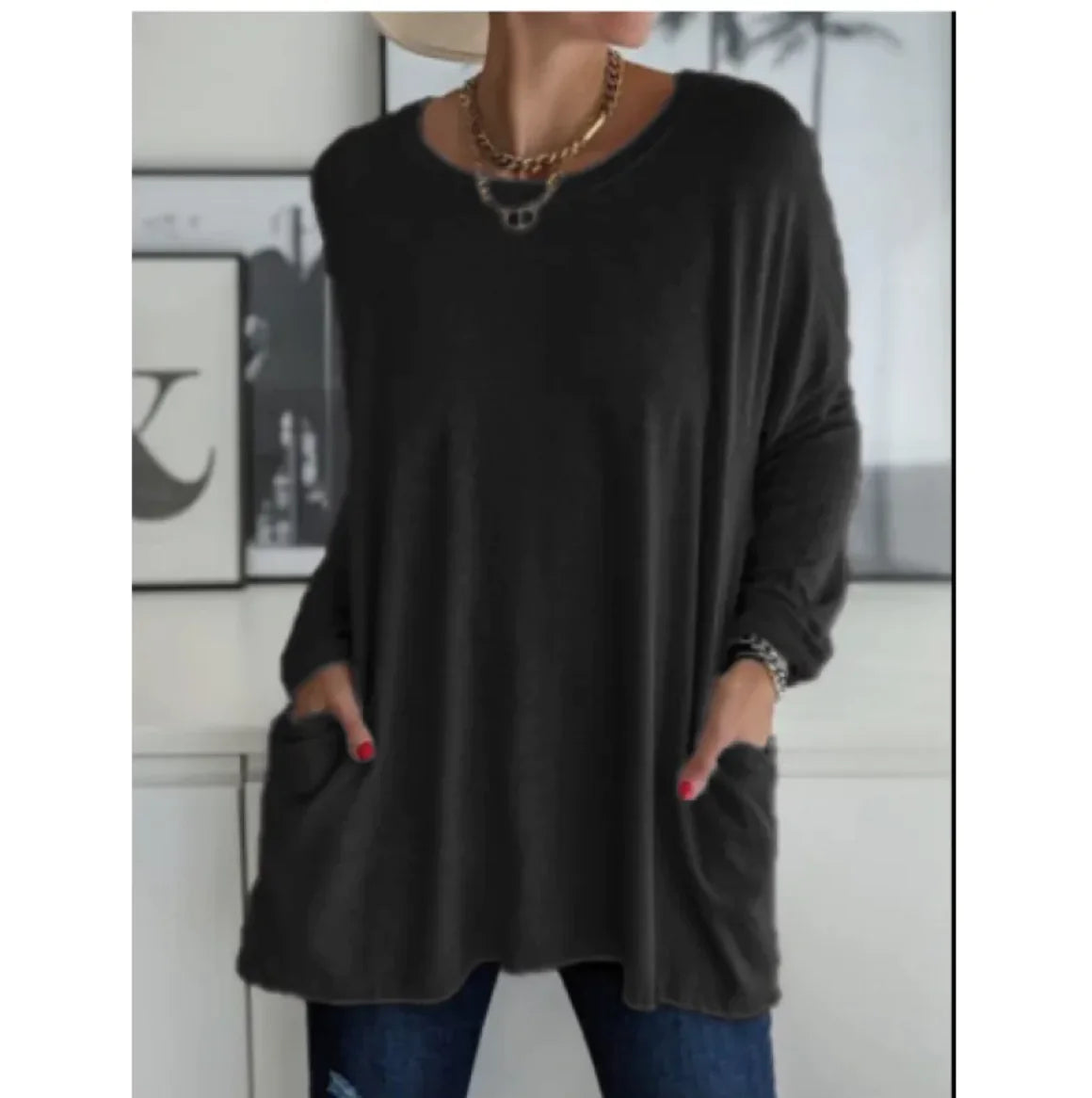 Casual Long Sleeve Round Neck Top with Pockets